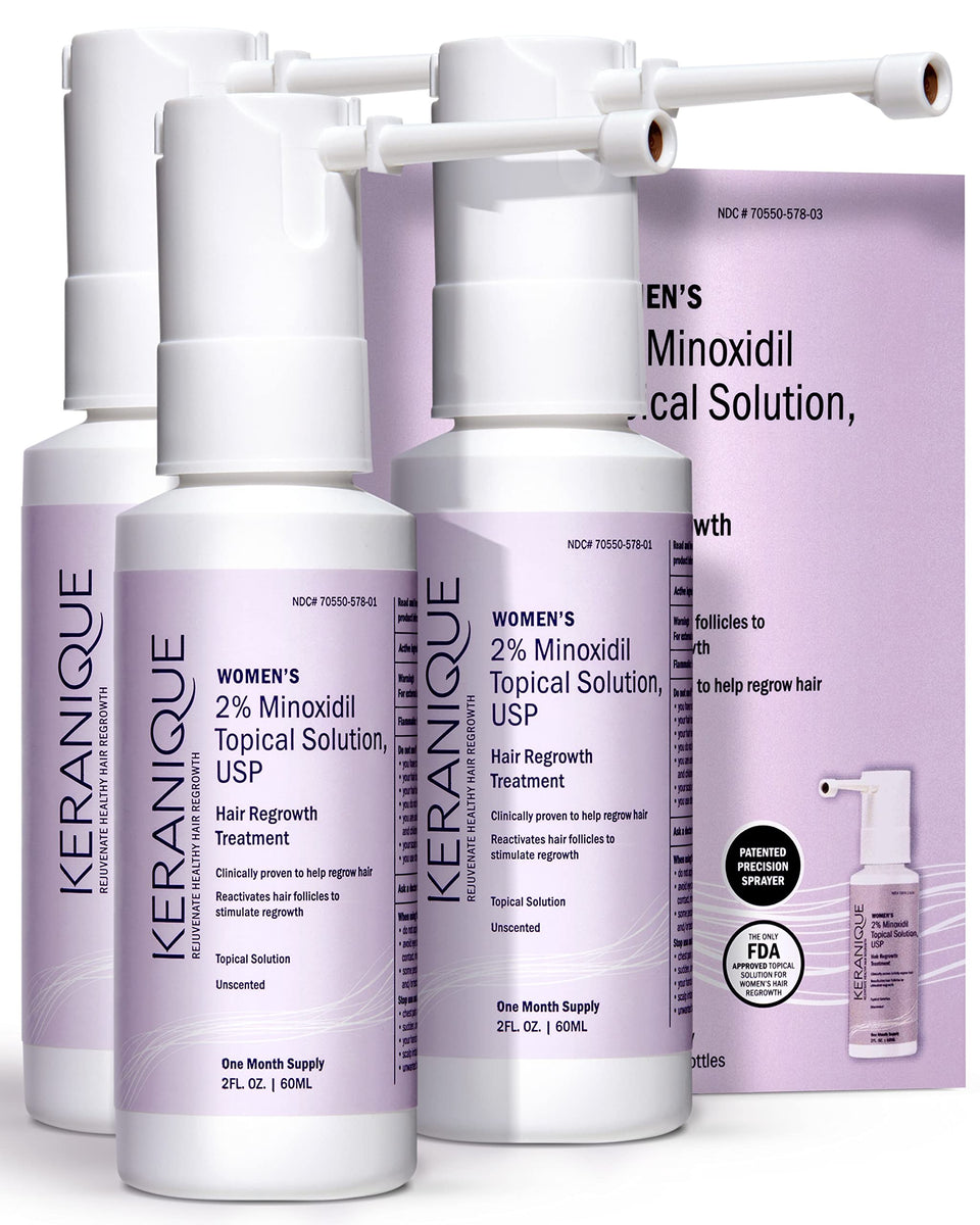 Keranique hair regrowth spray with precision applicator for targeted treatment