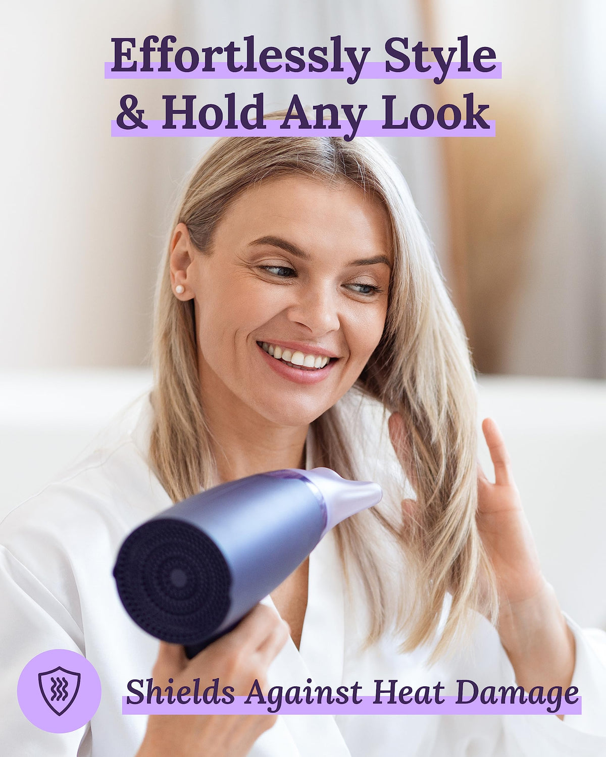 Keranique heat-protection graphic shows shielding strands during styling.