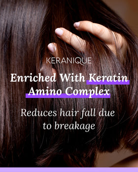 Keranique Keratin Amino Complex diagram illustrates strengthening of hair shafts.