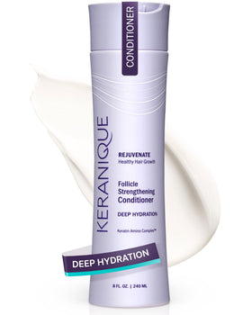 Keranique Keratin Conditioner bottle showcases deep hydration for soft, fuller-looking hair.