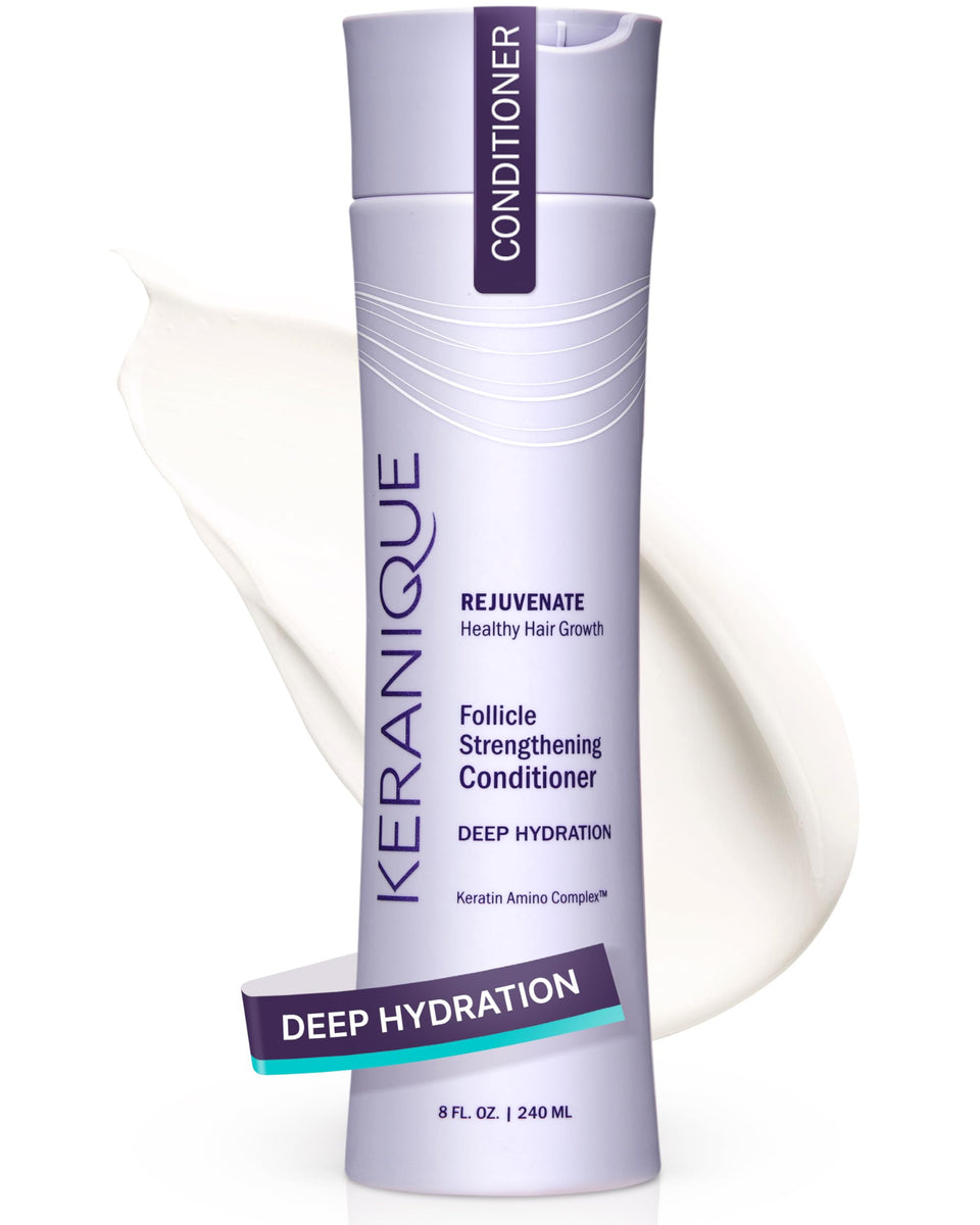 Keranique Keratin Conditioner bottle showcases deep hydration for soft, fuller-looking hair.