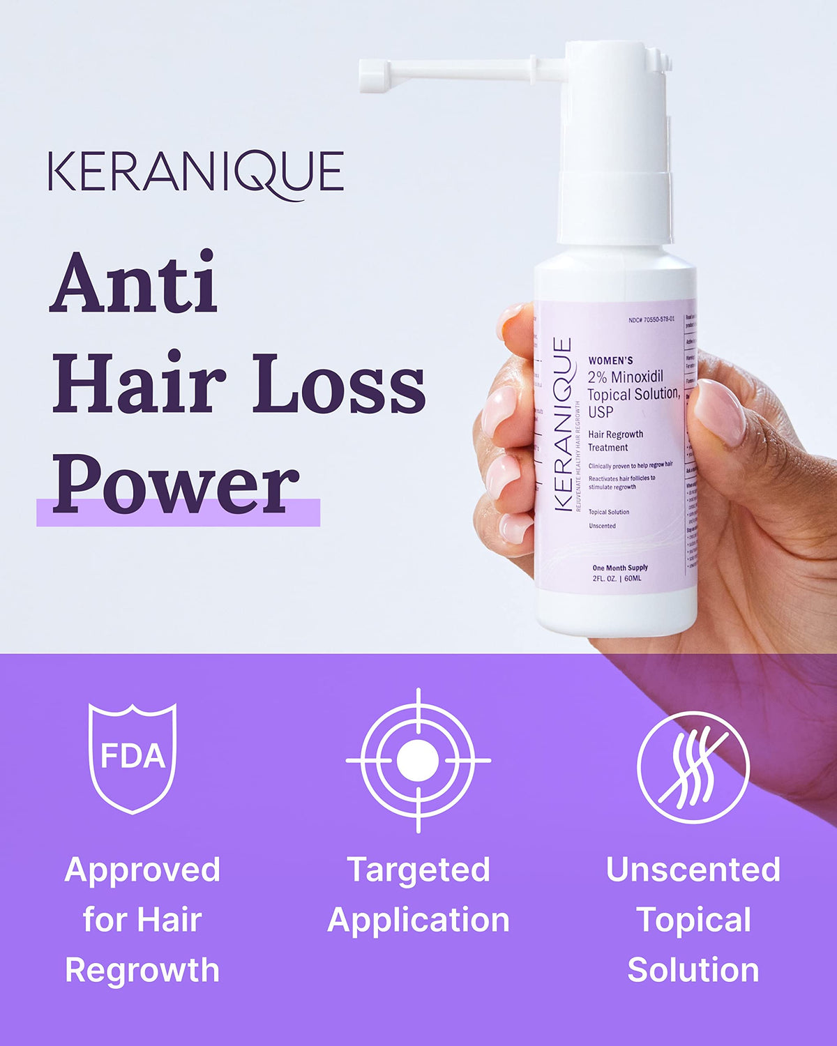 Keranique minoxidil 2% bottle for hair regrowth and thickening