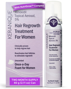 Keranique Minoxidil Foam bottle close-up for convenient at home use