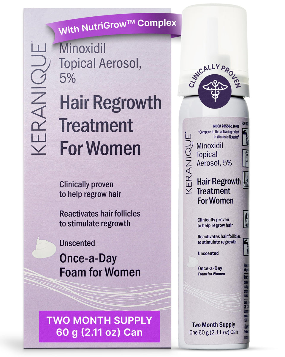 Keranique Minoxidil Foam bottle close-up for convenient at home use