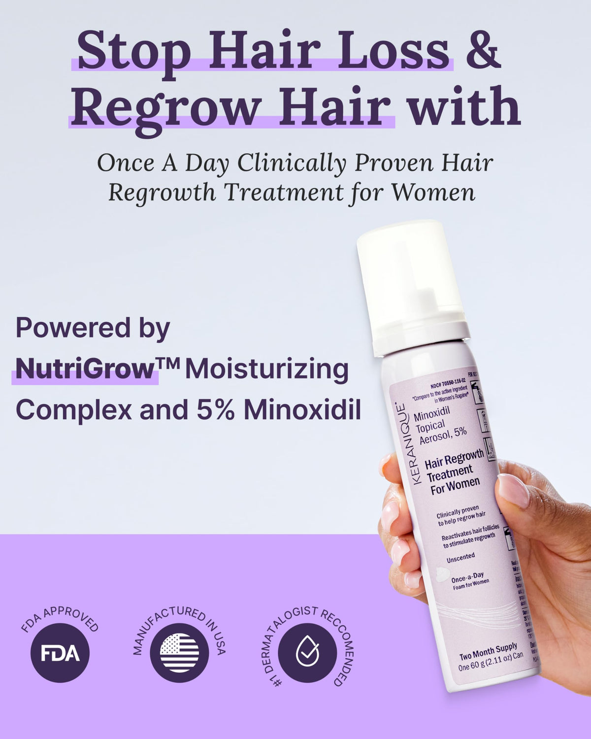 Keranique Minoxidil Foam dispensing action showing simple daily application
