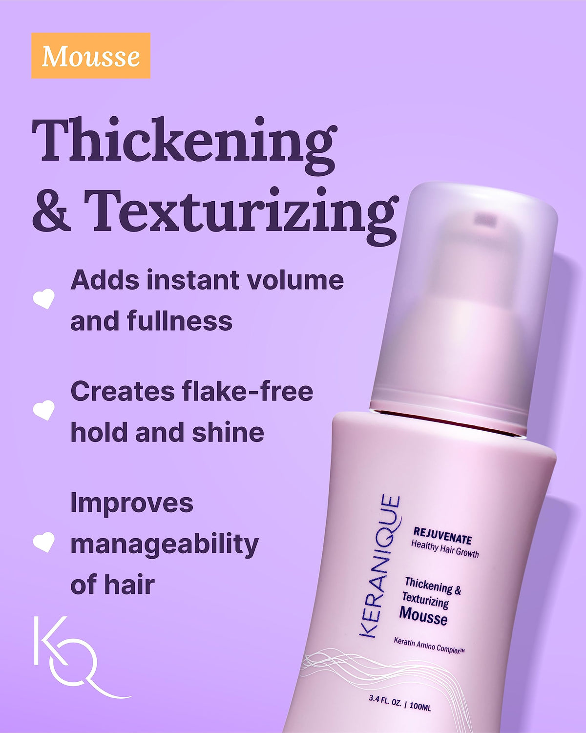 Keranique mousse foaming application demonstrates instant body and anti-frizz hold.
