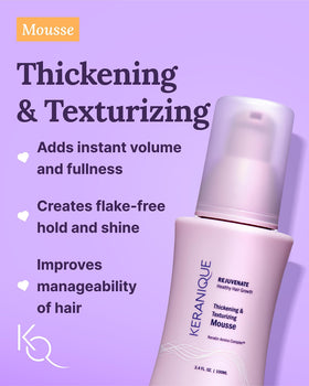 Keranique mousse foaming application demonstrates instant body and anti-frizz hold.