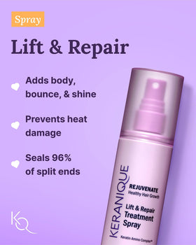 Keranique texturizing spray bottle demonstrating lift and texture for styling