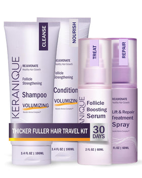 Keranique volume shampoo bottle highlighting thickening formula for fine hair