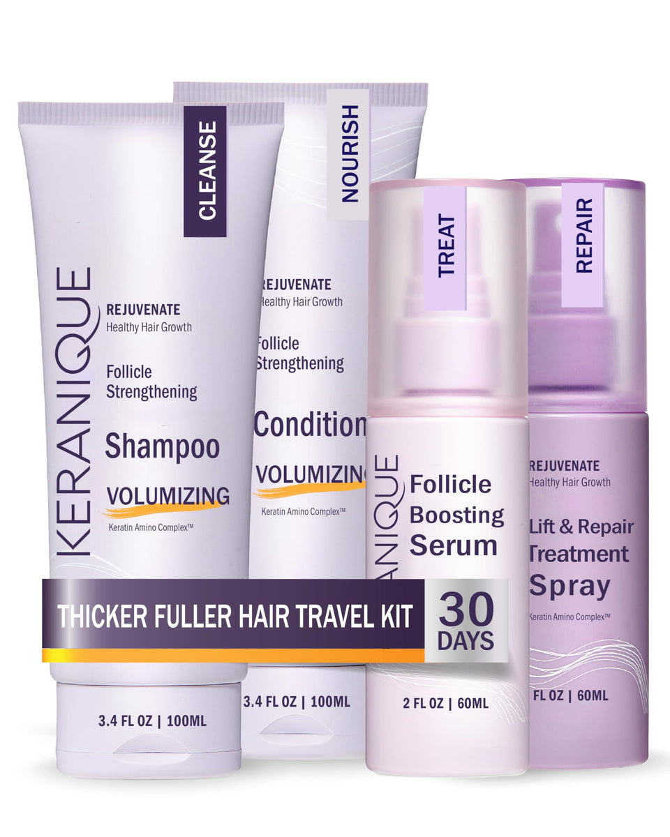 Keranique volume shampoo bottle highlighting thickening formula for fine hair