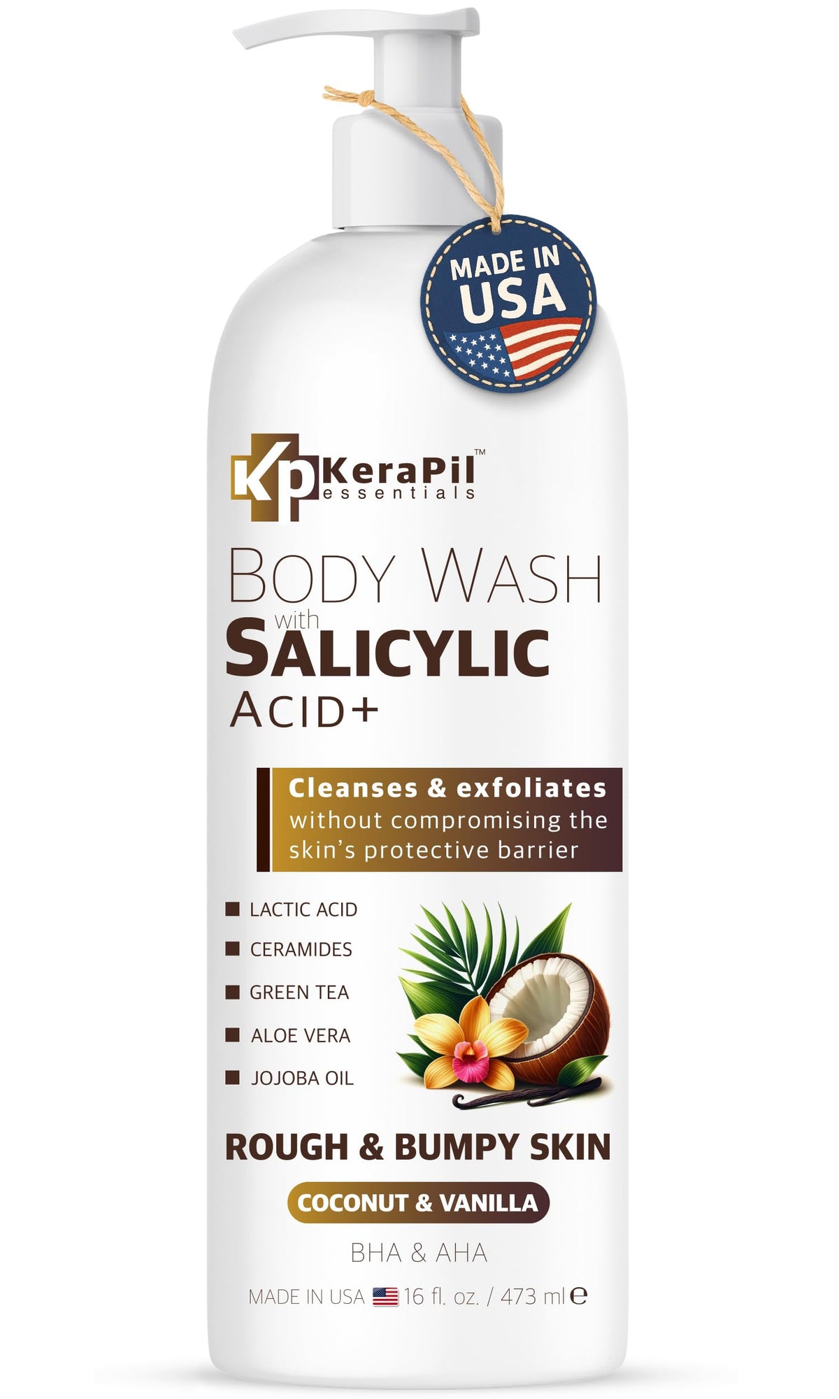 KERAPIL Exfoliating Body Wash bottle pour demonstrates gentle cleansing and exfoliation.