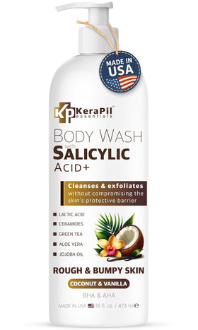 KERAPIL Exfoliating Body Wash bottle pour demonstrates gentle cleansing and exfoliation.