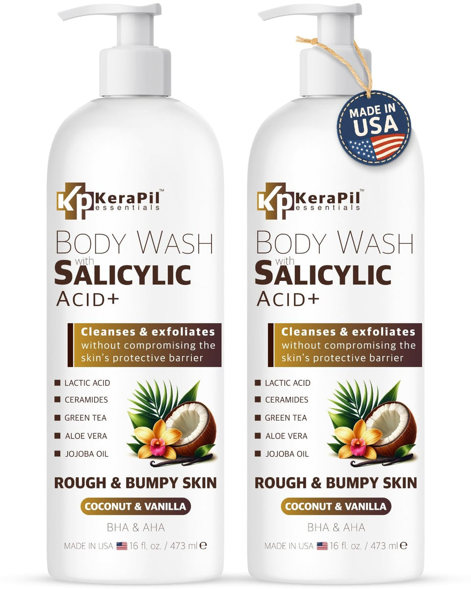 KERAPIL exfoliating body wash bottle pump, easy dispensing for daily cleansing.