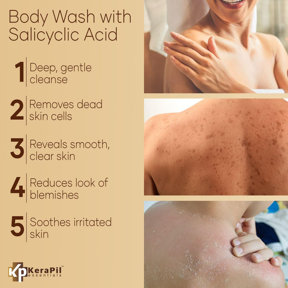 KERAPIL Exfoliating Body Wash ingredients close-up show ceramides and green tea for skin health.