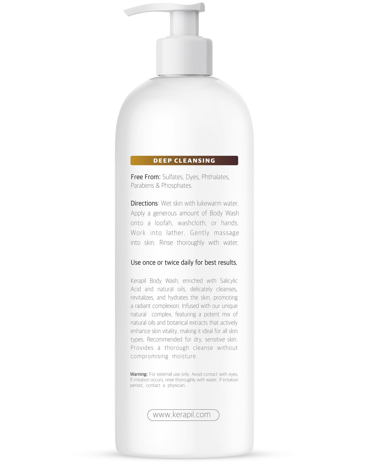 KERAPIL exfoliating body wash on shower shelf for daily routine.