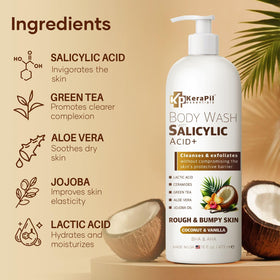 KERAPIL exfoliating body wash pours foam with coconut-vanilla scent.