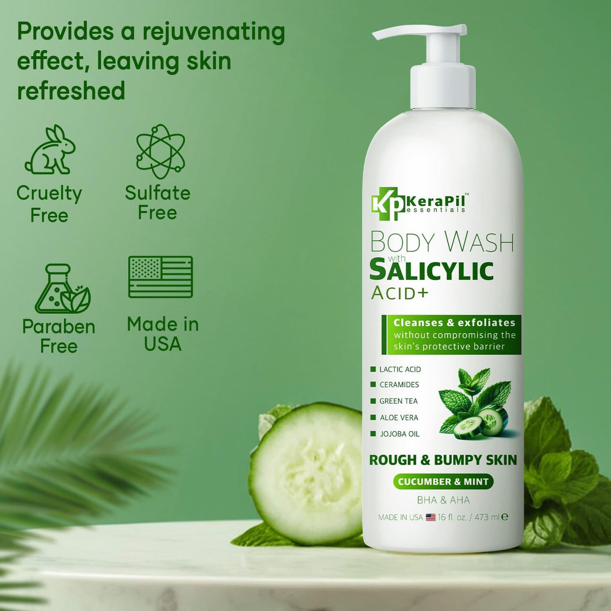 KERAPIL exfoliating body wash foamy lather closeup emphasizing pores cleansing and blemish reduction