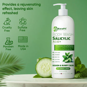 KERAPIL exfoliating body wash foamy lather closeup emphasizing pores cleansing and blemish reduction