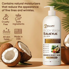 KERAPIL exfoliating body wash label close-up highlighting acids for pores.