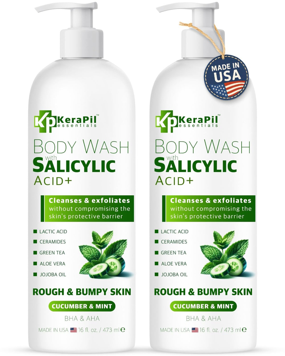 KERAPIL exfoliating body wash bottle pour highlighting salicylic acid for gentle exfoliation