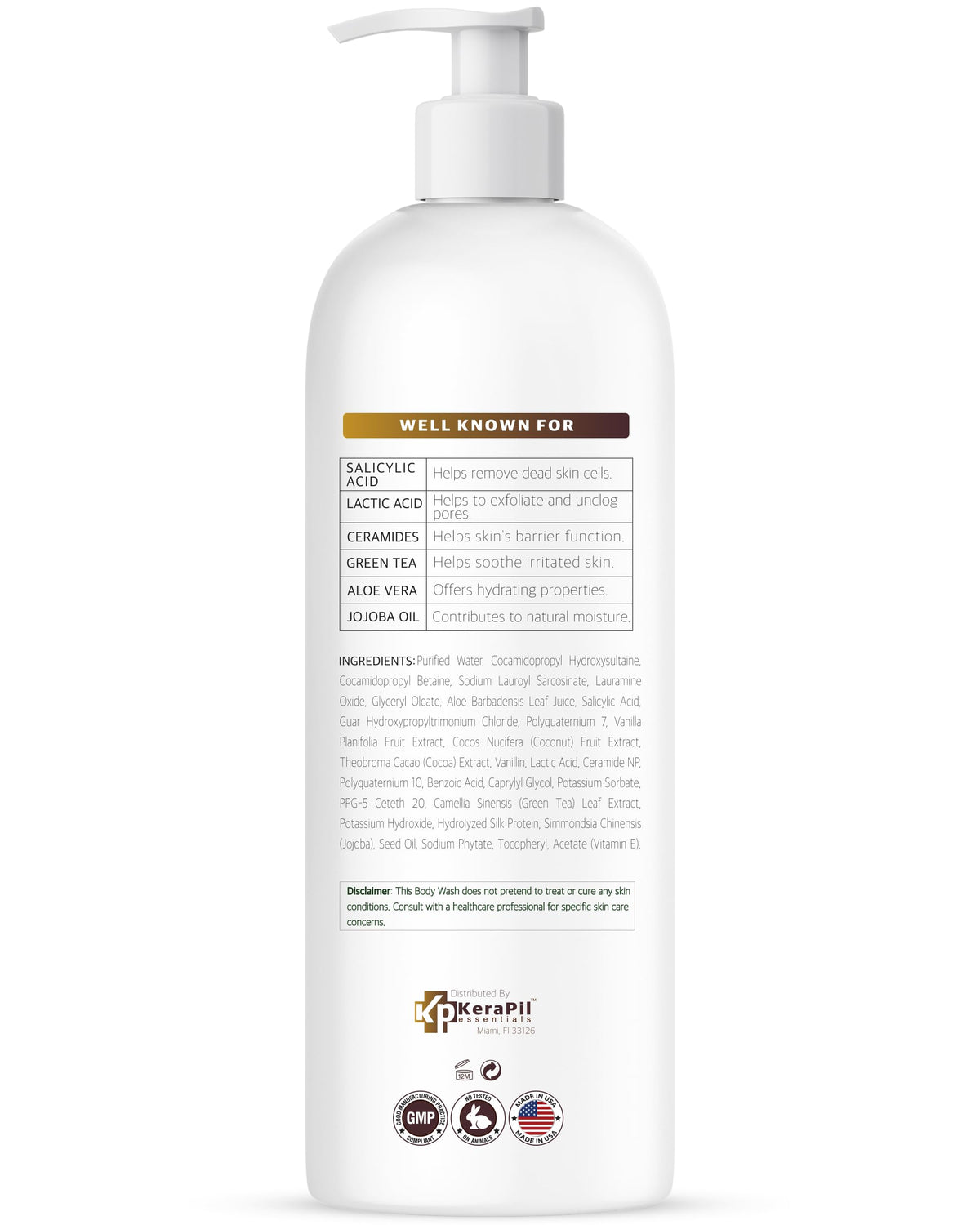 KERAPIL exfoliating body wash USA-made label signals quality.