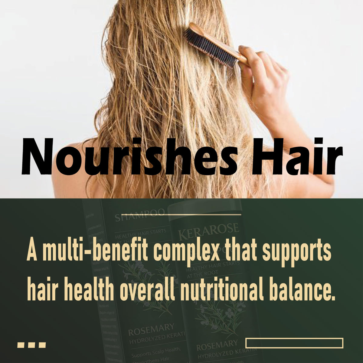 Kerarose Rosemary Shampoo on hair strands after wash looking smooth and fuller
