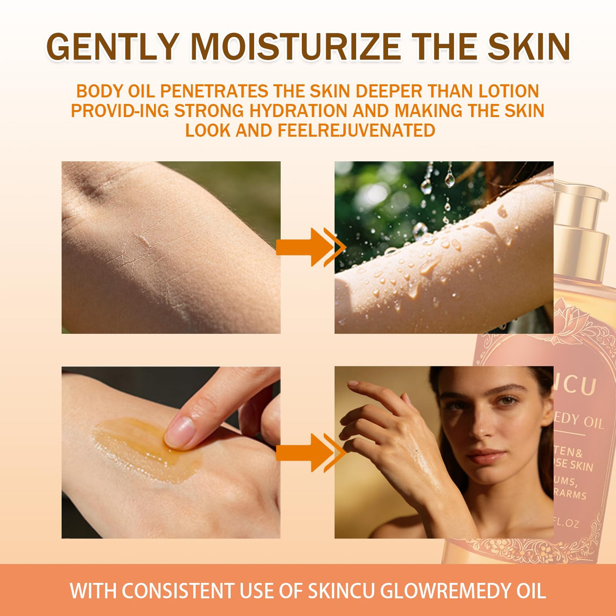 Kerarose SKINCU Glow Remedy Oil applied to the forearm for massage