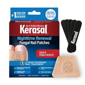 Kerasal Nighttime Renewal Patches applied to a nail for overnight care and healthier appearance.