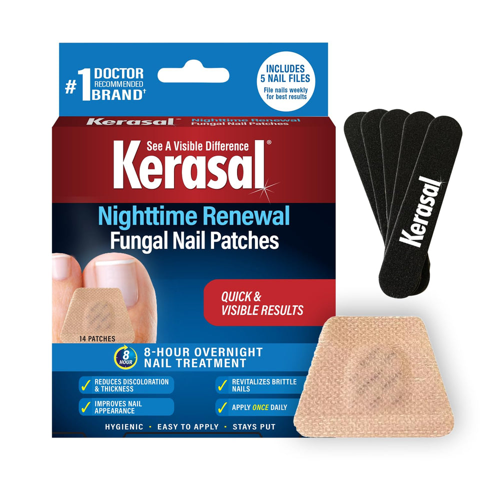 Kerasal Nighttime Renewal Patches applied to a nail for overnight care and healthier appearance.