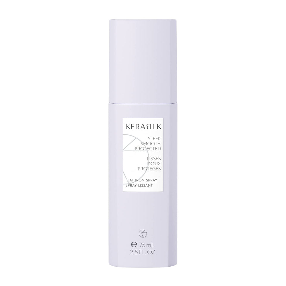 Kerasilk Flat Iron Spray bottle demonstrates easy, heat-assisted styling for a sleek finish.