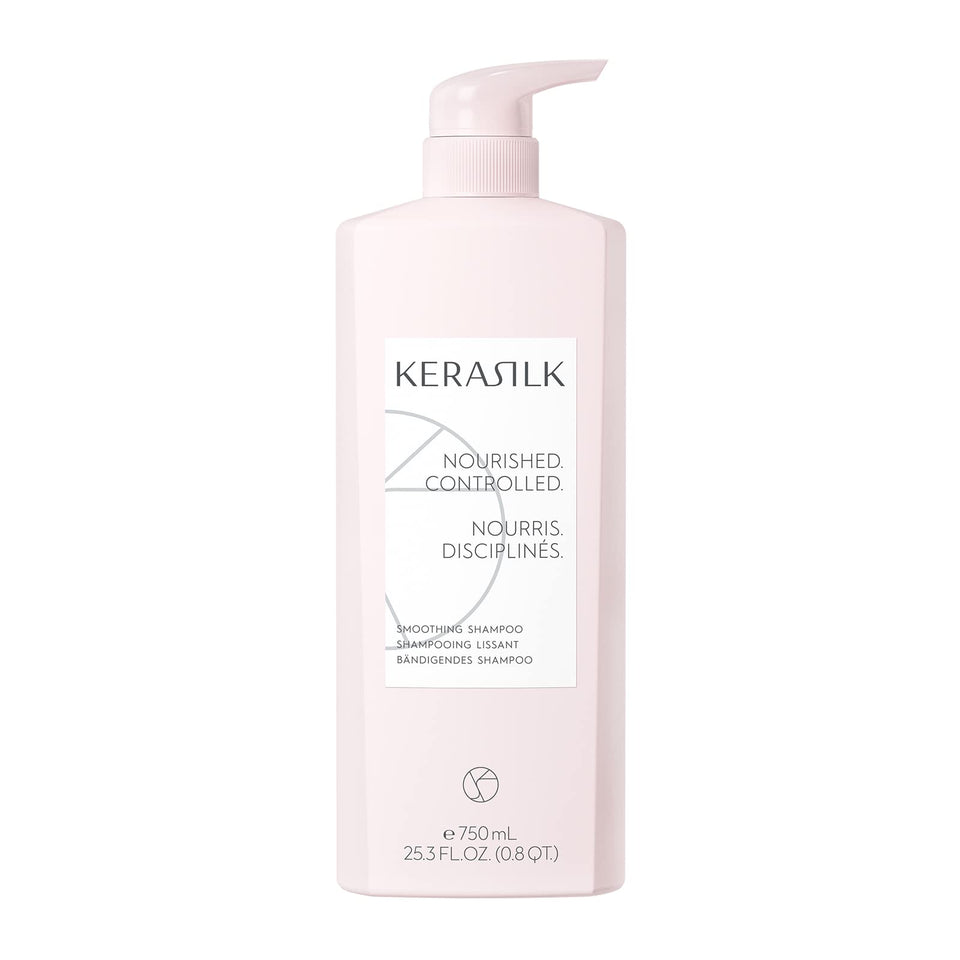 Kerasilk Smoothing Shampoo bottle shows frizz control for smoother hair.