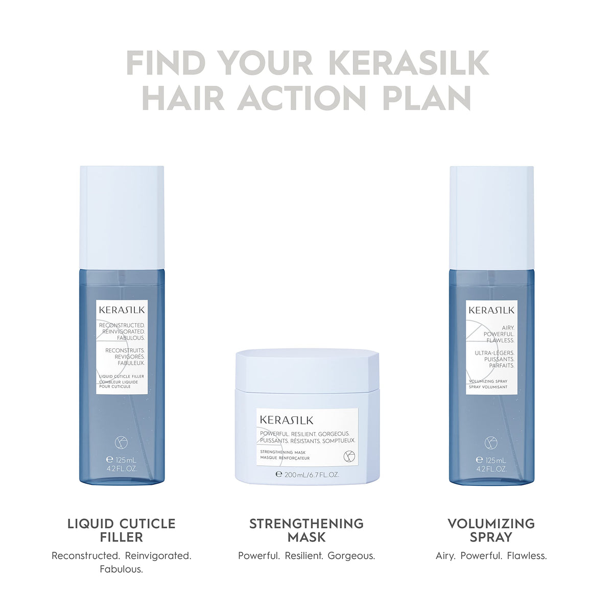 Kerasilk spray volume boosts roots for fuller, touchable styles.