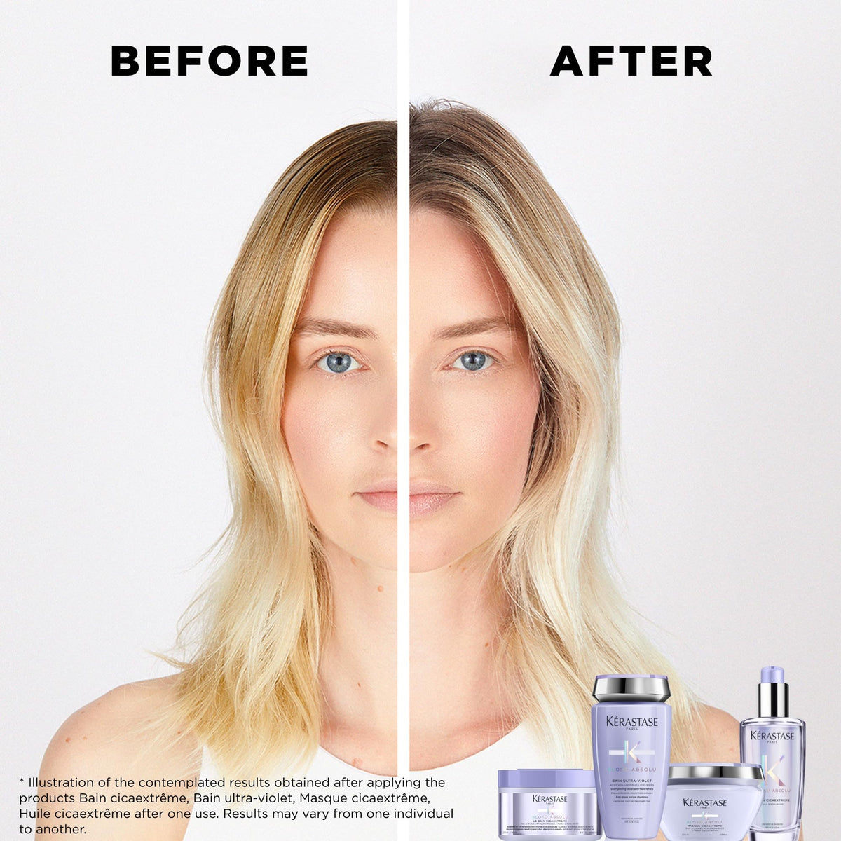 Close-up of Kérastase Blond Absolu Lumière on hair showing radiant shine.