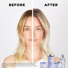 Close-up of Kérastase Blond Absolu Lumière on hair showing radiant shine.