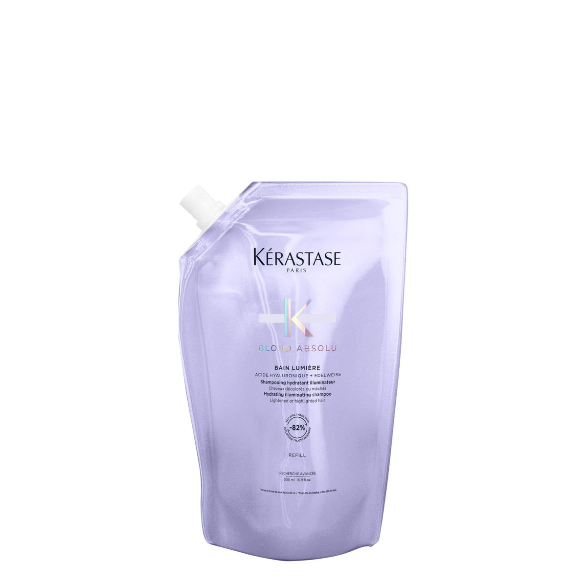 Kérastase Blond Absolu Lumière shampoo bottle delivers hydrating care for highlighted hair.