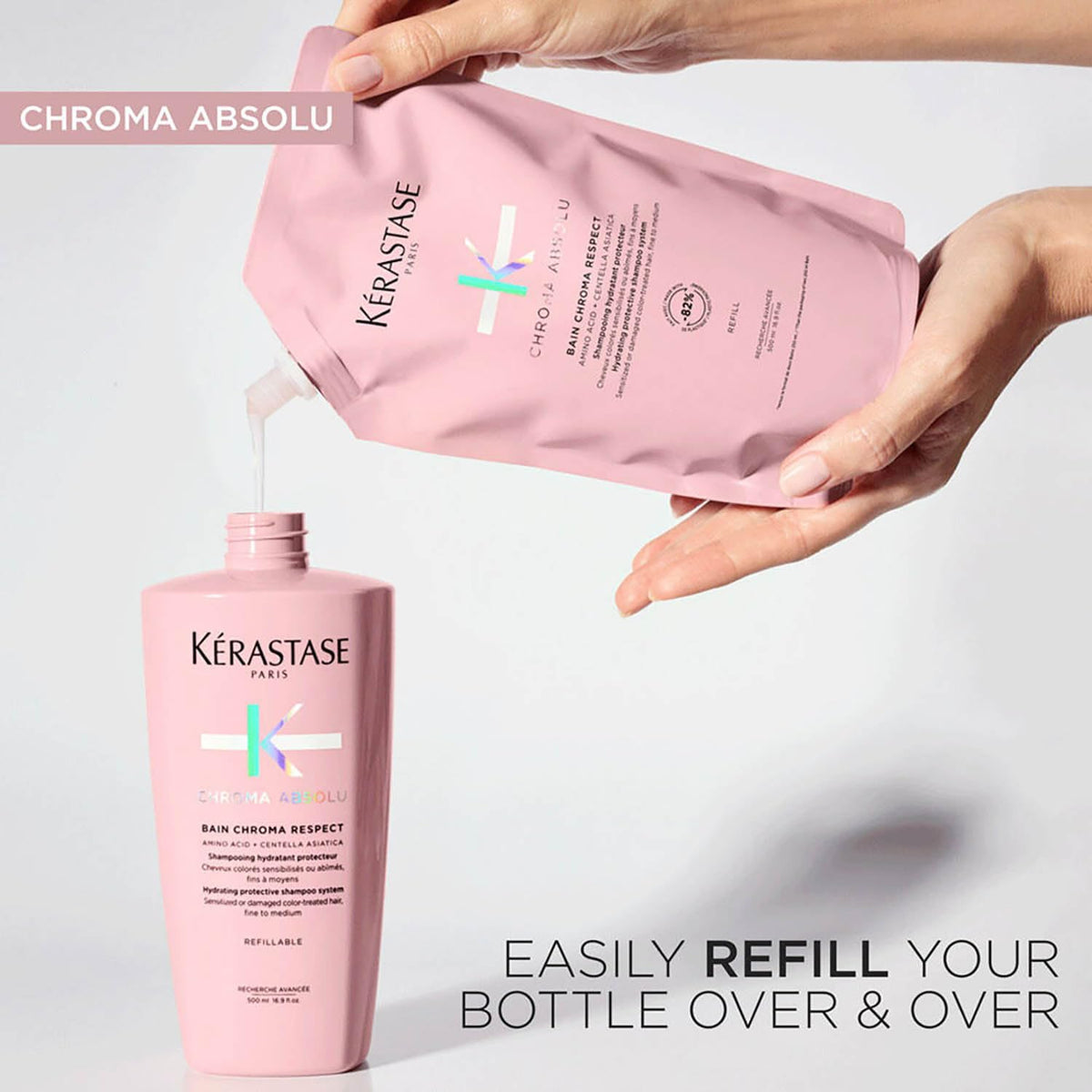 Kérastase Chroma Absolue refill-focused imagery promotes waste-reducing routine.