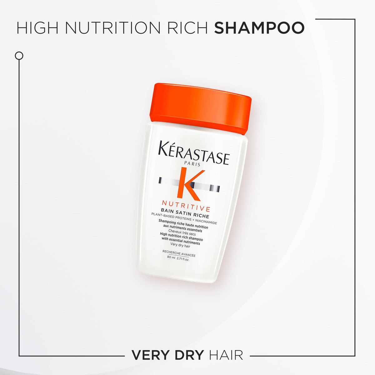 KÉRASTASE Nutritive Bain Satin Riche ingredients panel highlights plant-based proteins nourishing strands