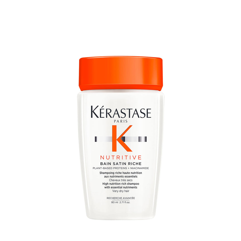 KÉRASTASE Nutritive Bain Satin Riche travel-size bottle demonstrates on-the-go hydration for very dry hair