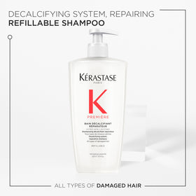 Kérastase Première Bain decalcifying shampoo lather close-up highlighting rich foam for scalp cleansing.