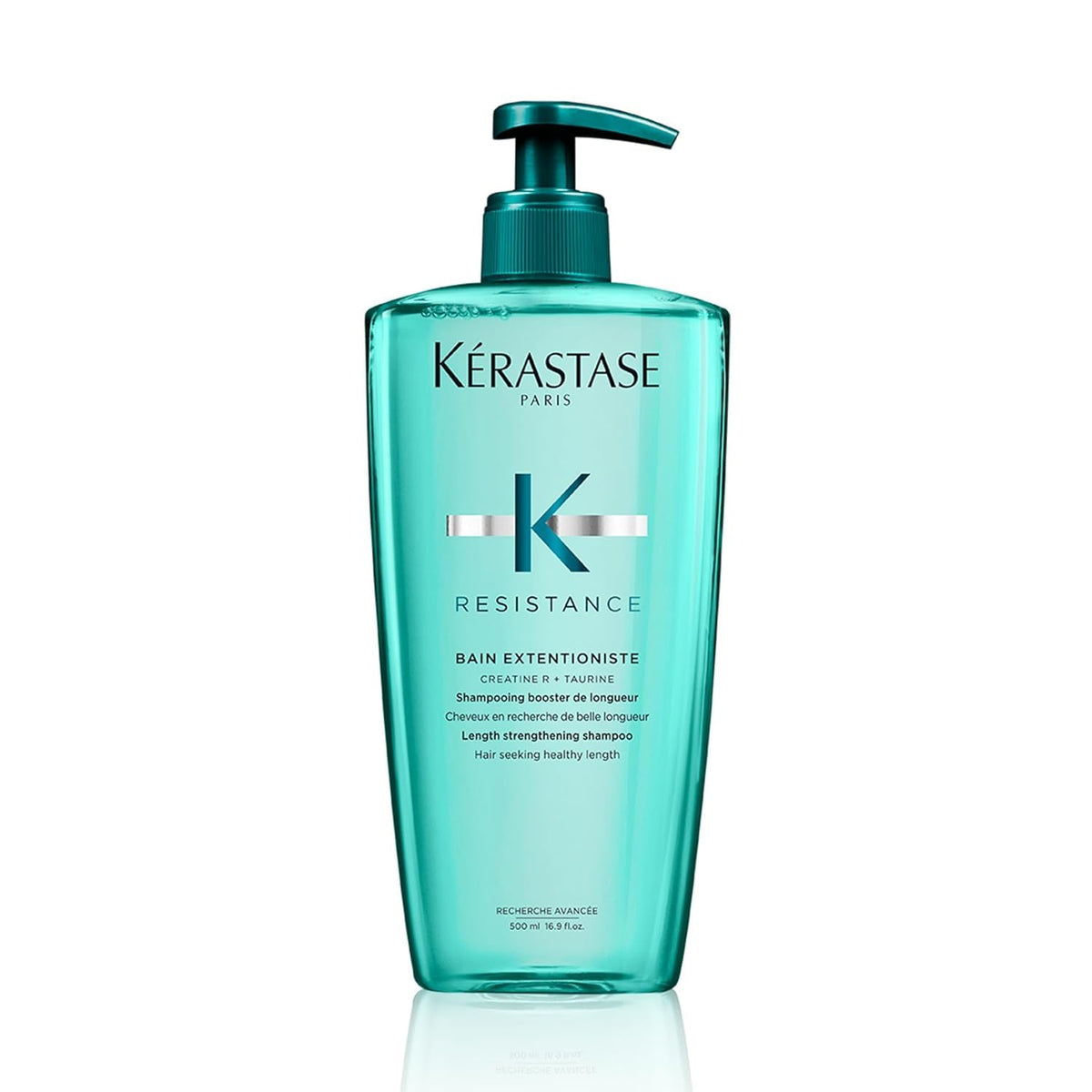 Kerastase Resistance Bain Extentioniste shampoo bottle strengthens lengths from root to tip.