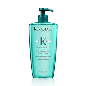 Kerastase Resistance Bain Extentioniste shampoo bottle strengthens lengths from root to tip.