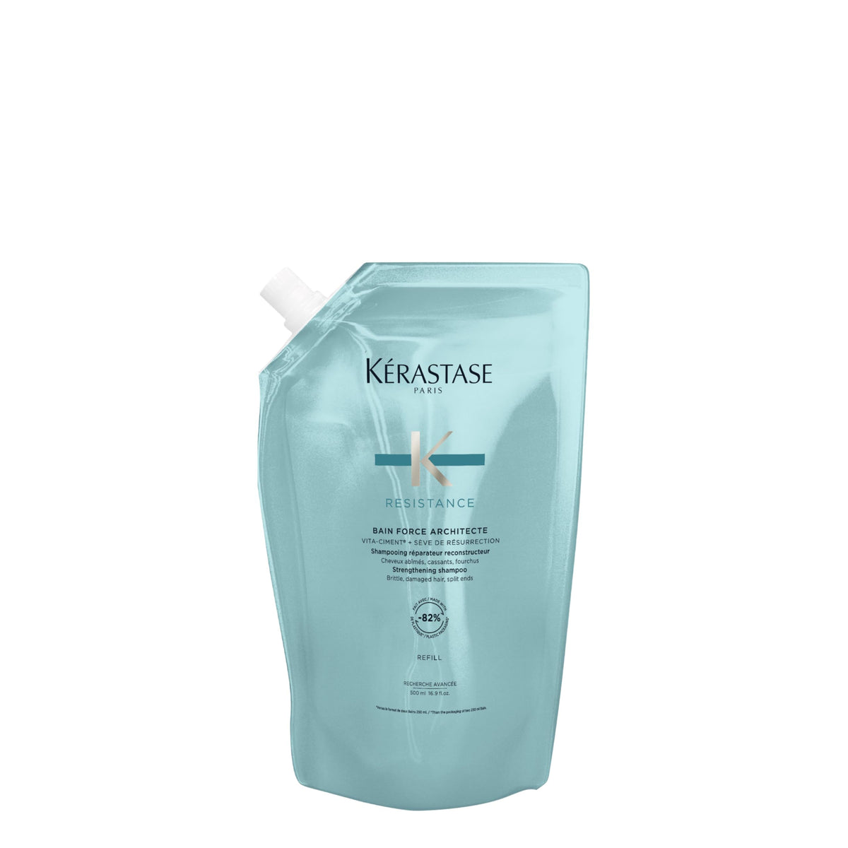 KÉRASTASE Resistance Force Architecte Shampoo bottle on shelf for damaged hair repair.