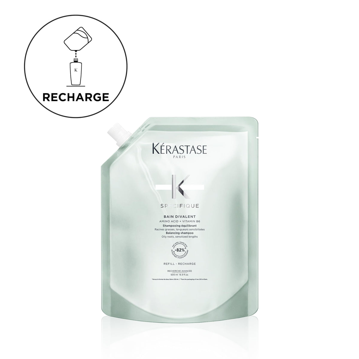 KÉRASTASE Specifique balancing shampoo bottle on sink showing hydrating ends.