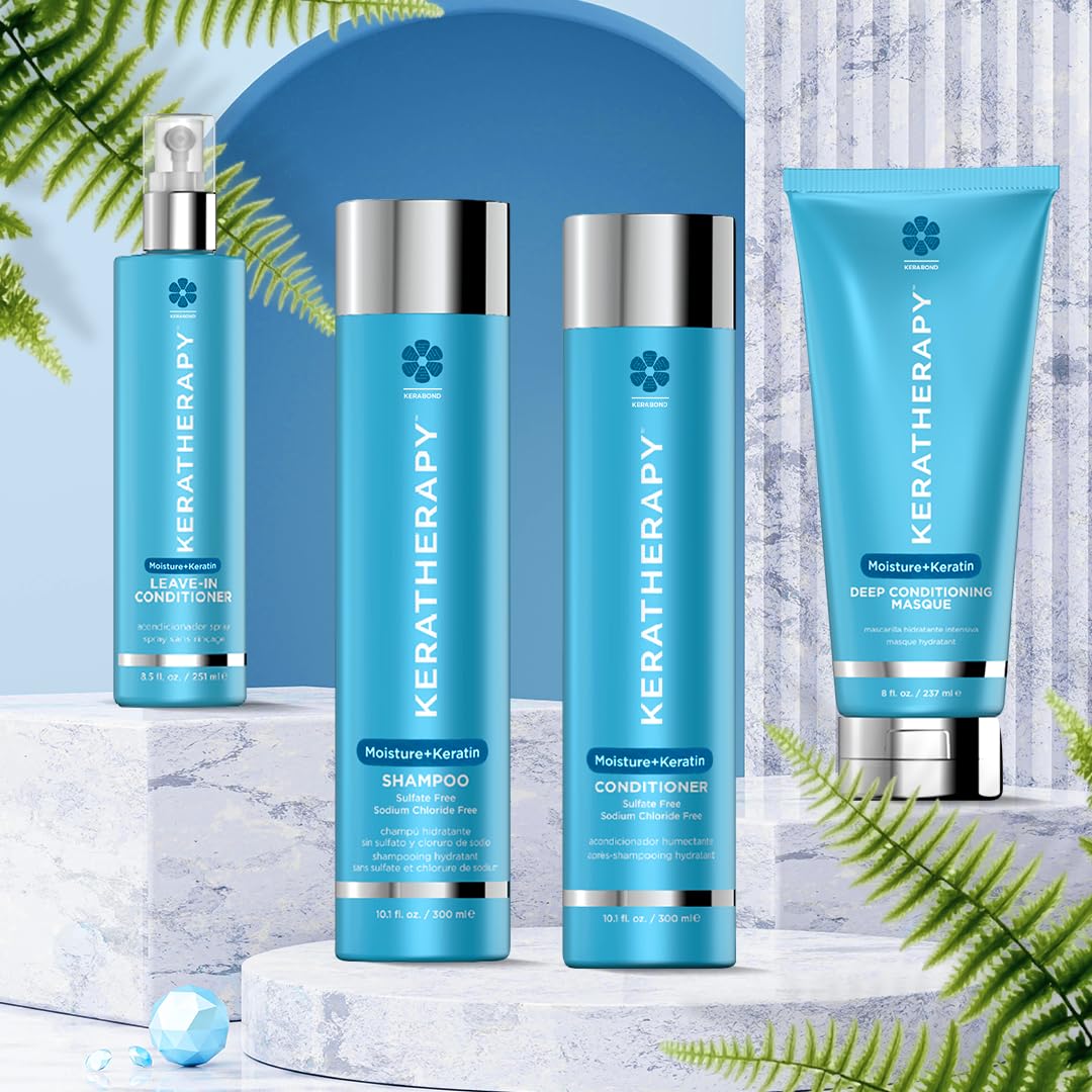 Hair on vanity with Keratherapy Moisture Collection products in natural light.