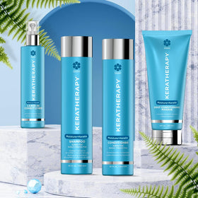 Hair on vanity with Keratherapy Moisture Collection products in natural light.