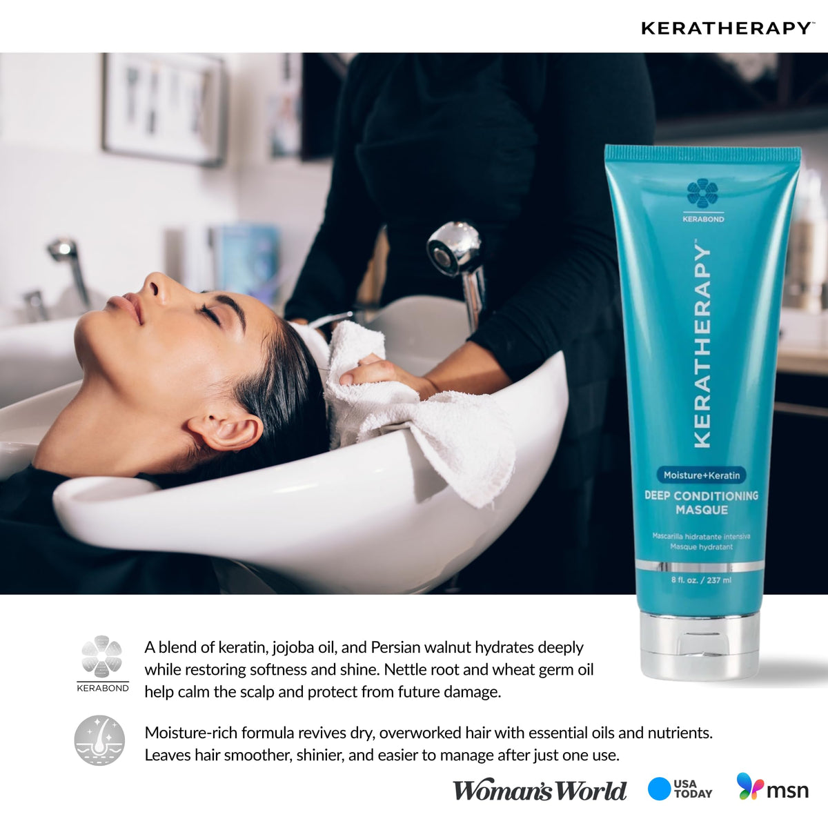 KERATHERAPY 8 oz bottle and packaging closeup highlights product size and premium packaging.