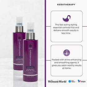 Keratherapy Color Protect Perfect Blowout Spray usage scene shows damp-hair application