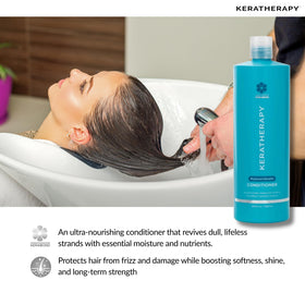 KERATHERAPY Kerabond technology graphic illustrates deeper keratin penetration and strengthened hair.