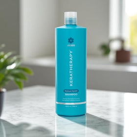 KERATHERAPY Keratin Infused Moisture Shampoo label close-up noting sulfate-free formula