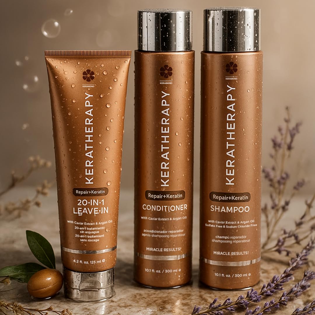 KERATHERAPY KeratinFIXX Repair Shampoo bottle shown with color-treated hair inspiration